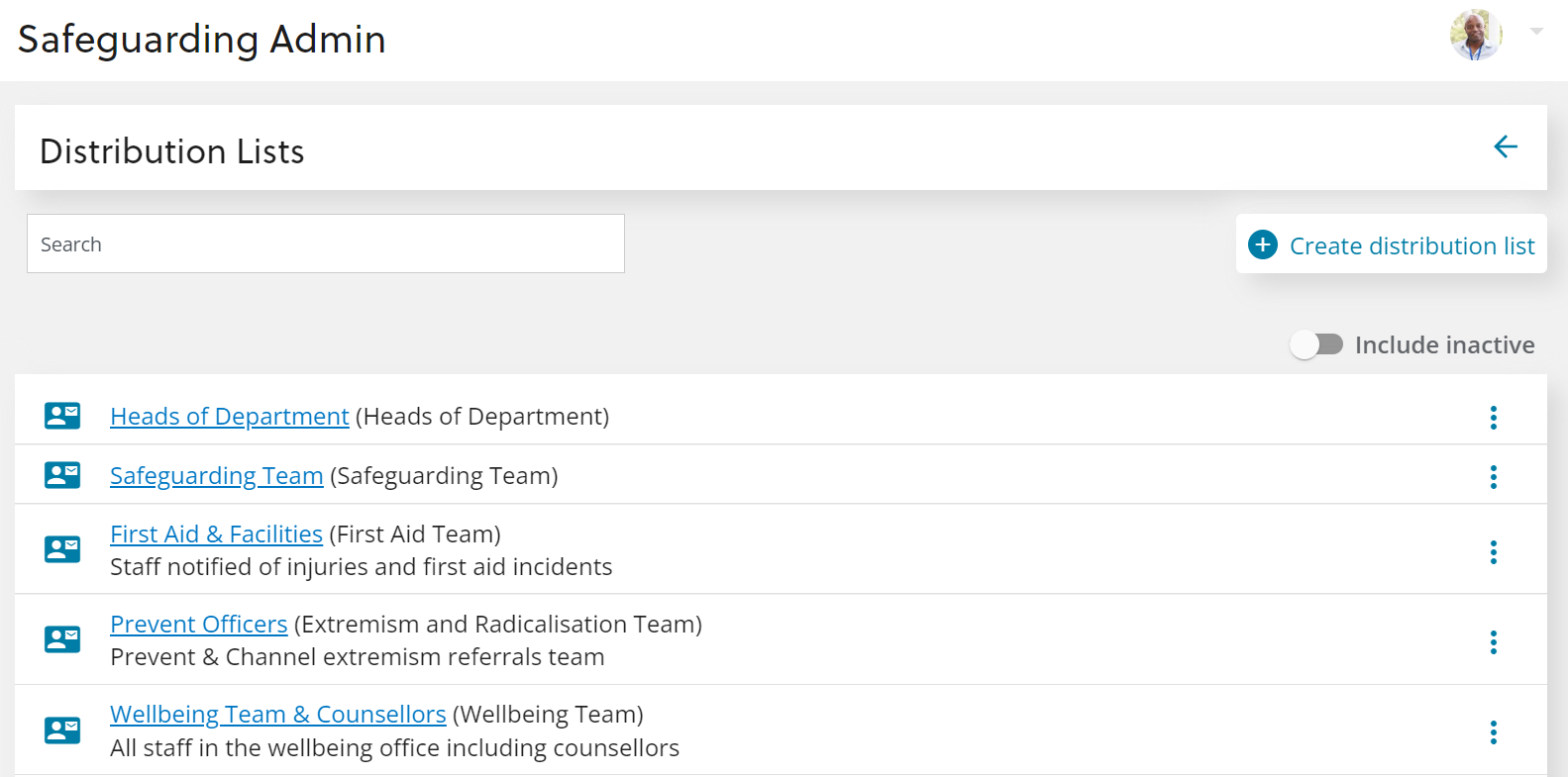 Example Distribution Lists Page